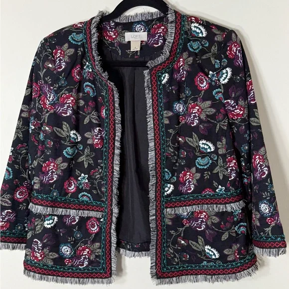 LOFT Women’s Black‎ Fringe Embroidered Floral Jacket Size 6 - Picture 3 of 7